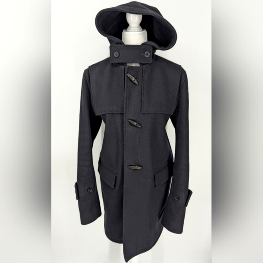 Sandro Paris Designer Black Hooded 100% Wool Toggle Button Pea Coat Medium